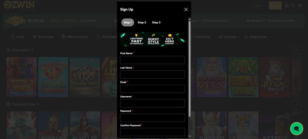 Ozwin Casino Registratie Stap 2